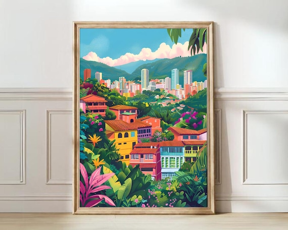 Medellin Colombia Colorful Hillside Lush Tropical Cityscape Poster
