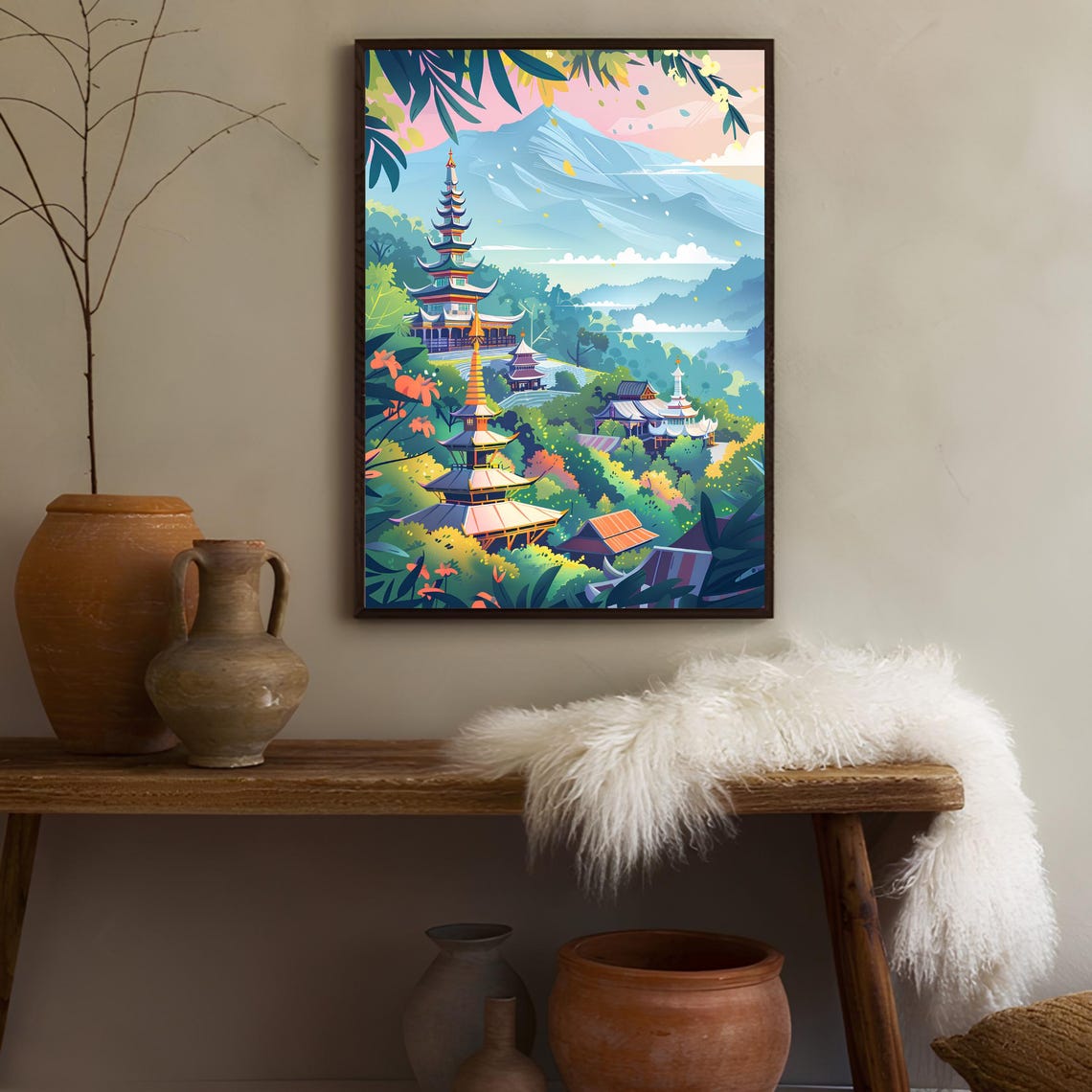 Chiang Mai Thailand Pagoda Temples Mountain Landscape Art Poster - Image 2