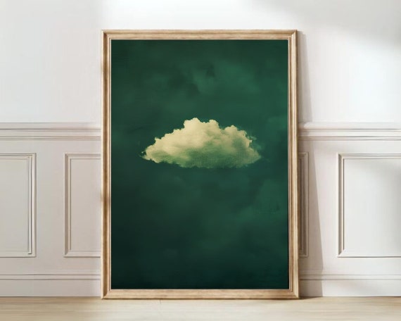 Green Cloud Print Moody Cloud Painting Emerald Green Wall Art Emerald Print Sky Print Vintage Painting Muted Print Maximalist Print