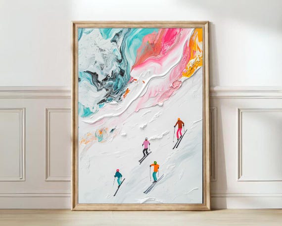 Ski Poster Ski Print Ski Illustration Skiing Print Skiers Painting Snow Painting Snow Print Winter Print Winter Wall Art Ski Gift