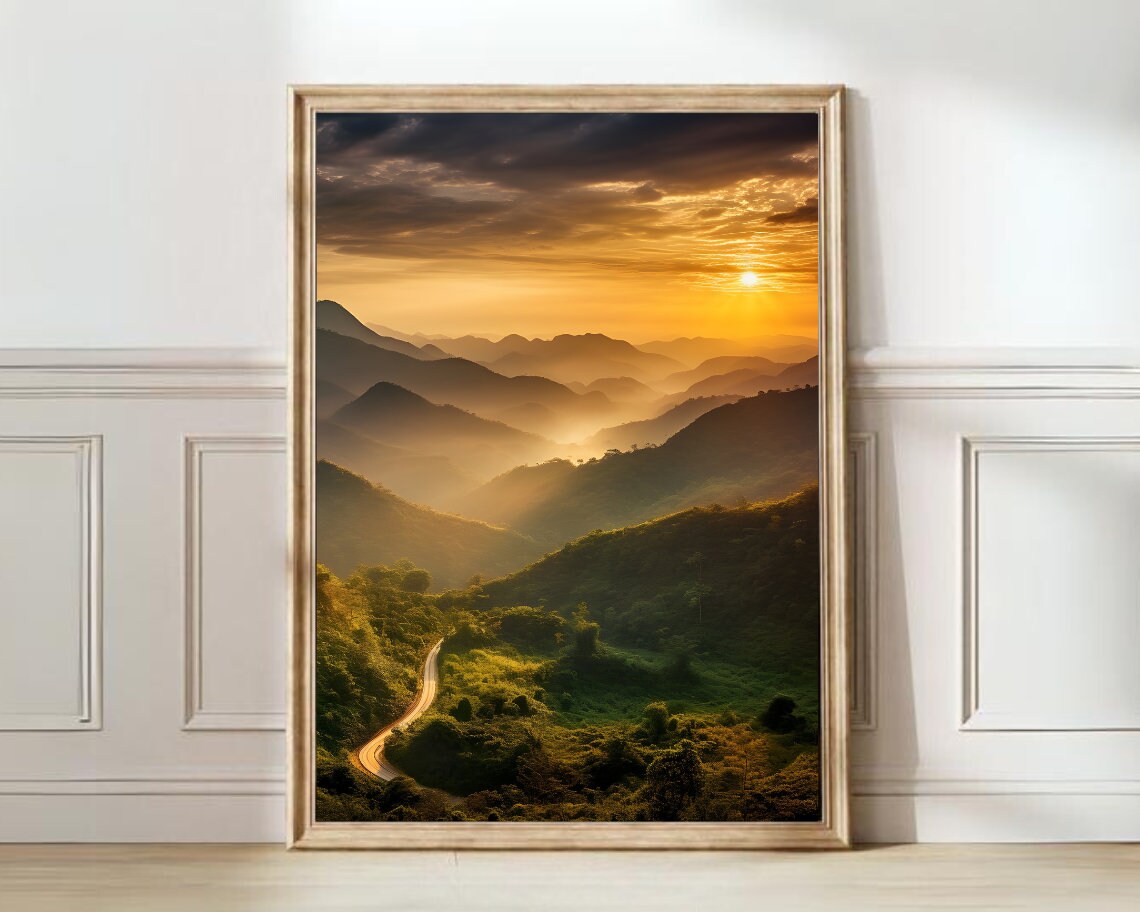 Thailand Golden Sunrise Layered Mountain Road Scenic Travel Poster