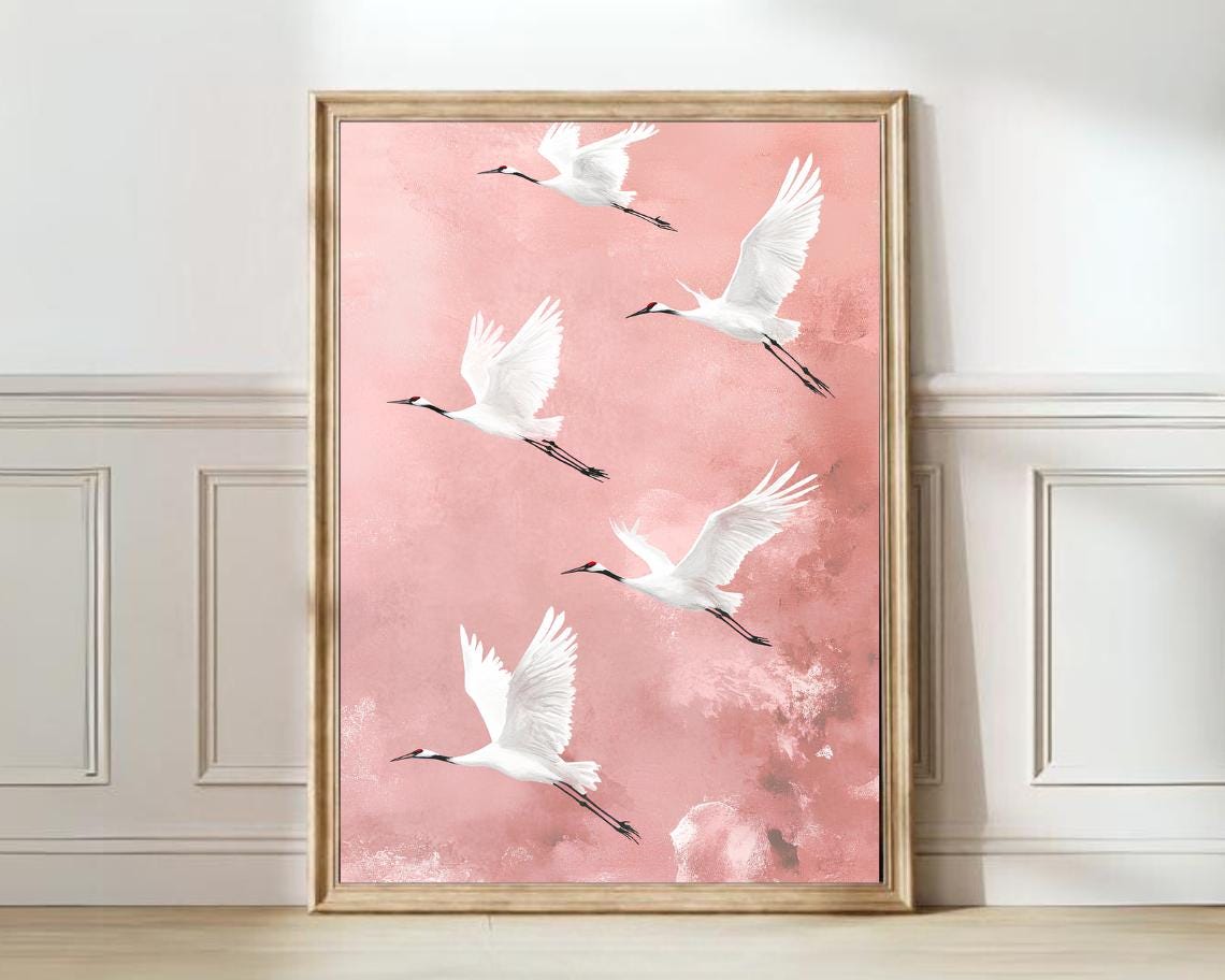 Japanese Crane Art Vintage Japanese Print Pink Crane Painting Pastel Pink Bird Print Vintage Neutral Print Japandi Print Wabi Sabi Print