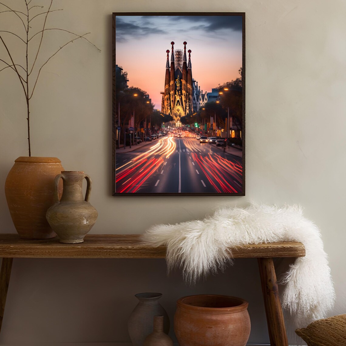 Barcelona Sagrada Familia Sunset Street Light Trails Travel Art Poster - Image 3