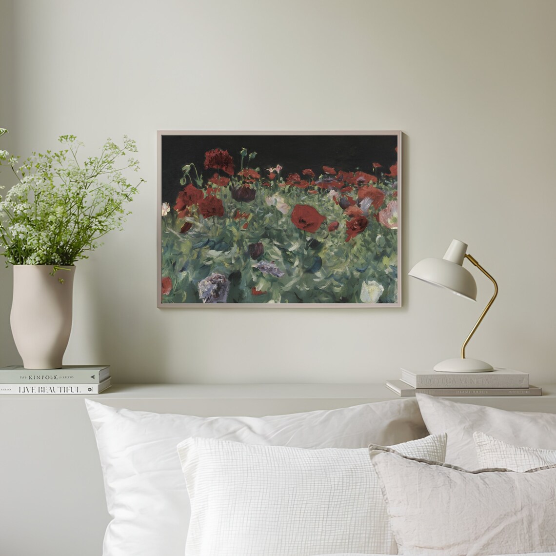 Red Poppy Meadow Vintage Floral Oil Painting Farmhouse Print - Image 2