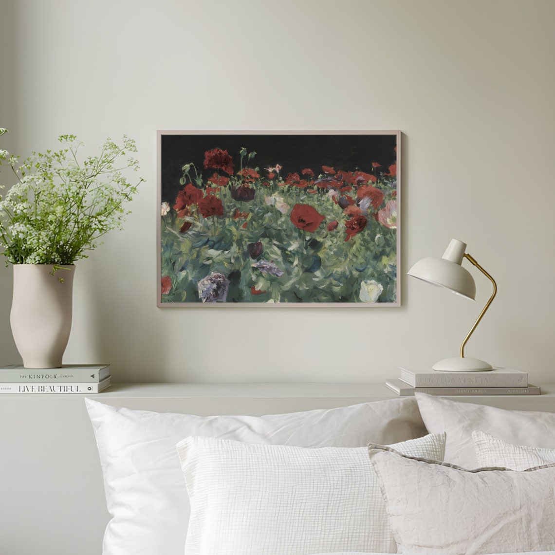 Vintage Flower Painting Vintage Landscape Painting Red Flower Field Painting Garden Meadow Painting Farmhouse Decor Rustic Country Art Print - Image 2