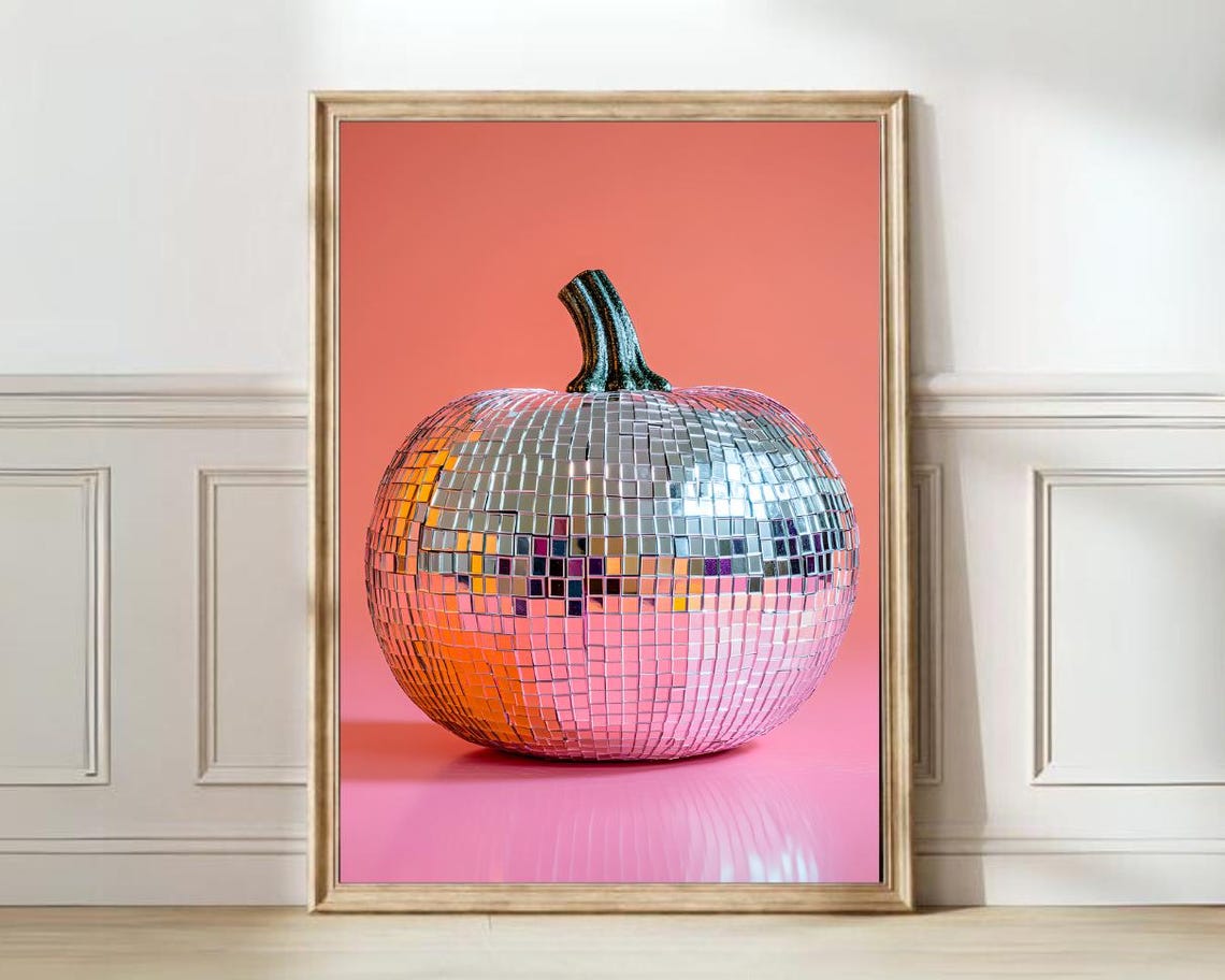 Silver Disco Ball Pumpkin Pink Fall Autumn Eclectic Wall Art