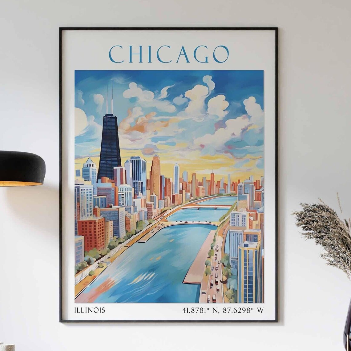 Chicago River City Sunset Skyline Towers Illinois Travel Poster