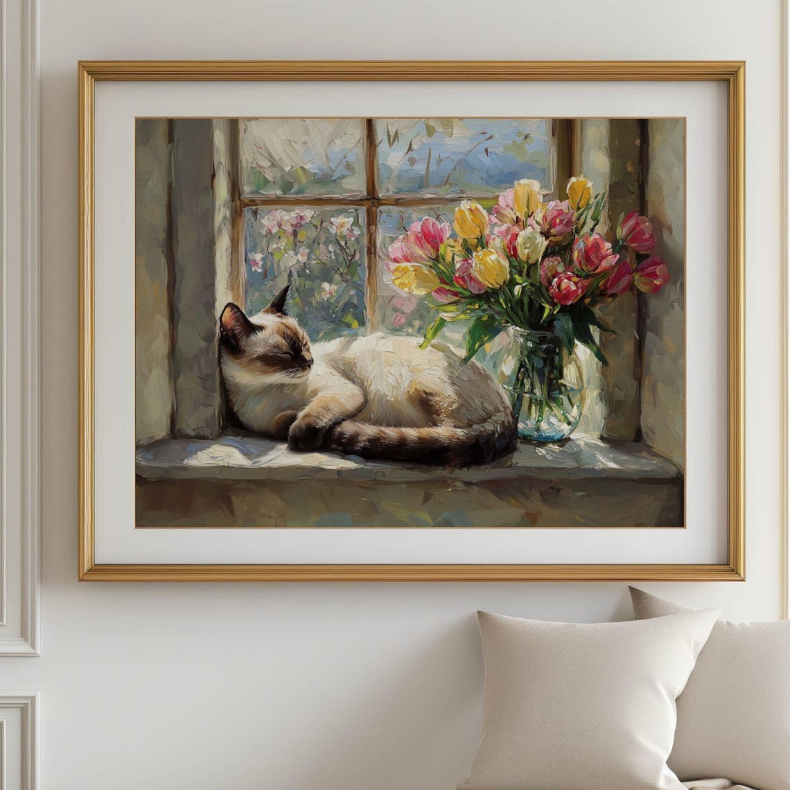 Sleeping Siamese Cat on a Windowsill Beside Tulips Spring Poster - Image 4