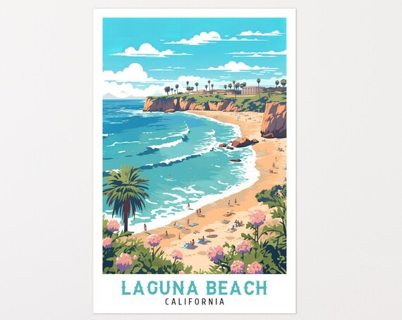 Laguna Beach California Pink Flowers Beachgoers Cliff Travel Poster