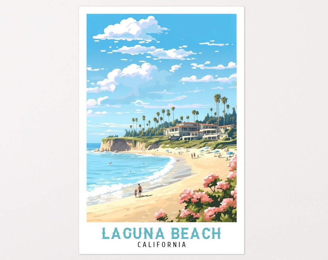 Laguna Beach California Pink Blossoms Beach Palms Cliff Travel Poster