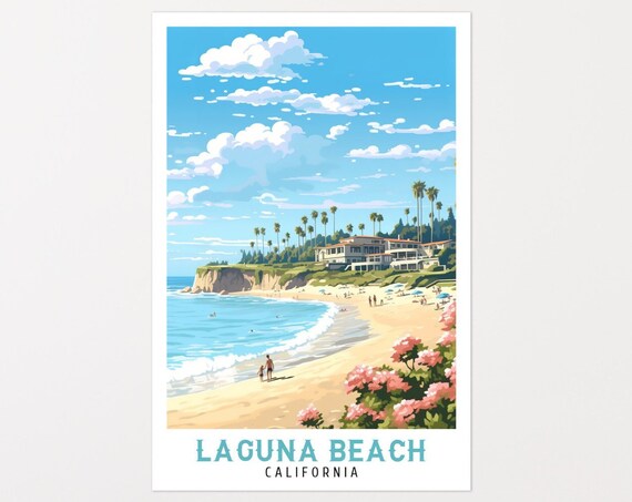 Laguna Beach California Pink Blossoms Beach Palms Cliff Travel Poster