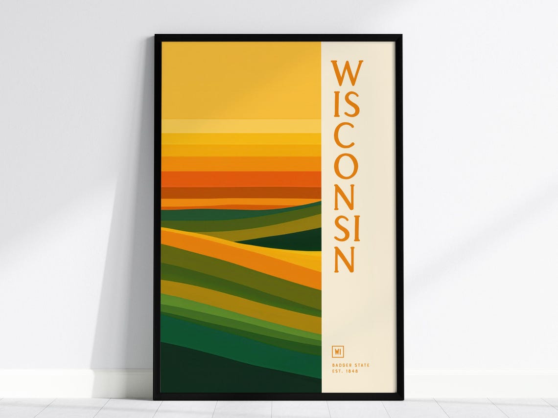 Wisconsin Badger State Retro Abstract Sunset Art Travel Poster