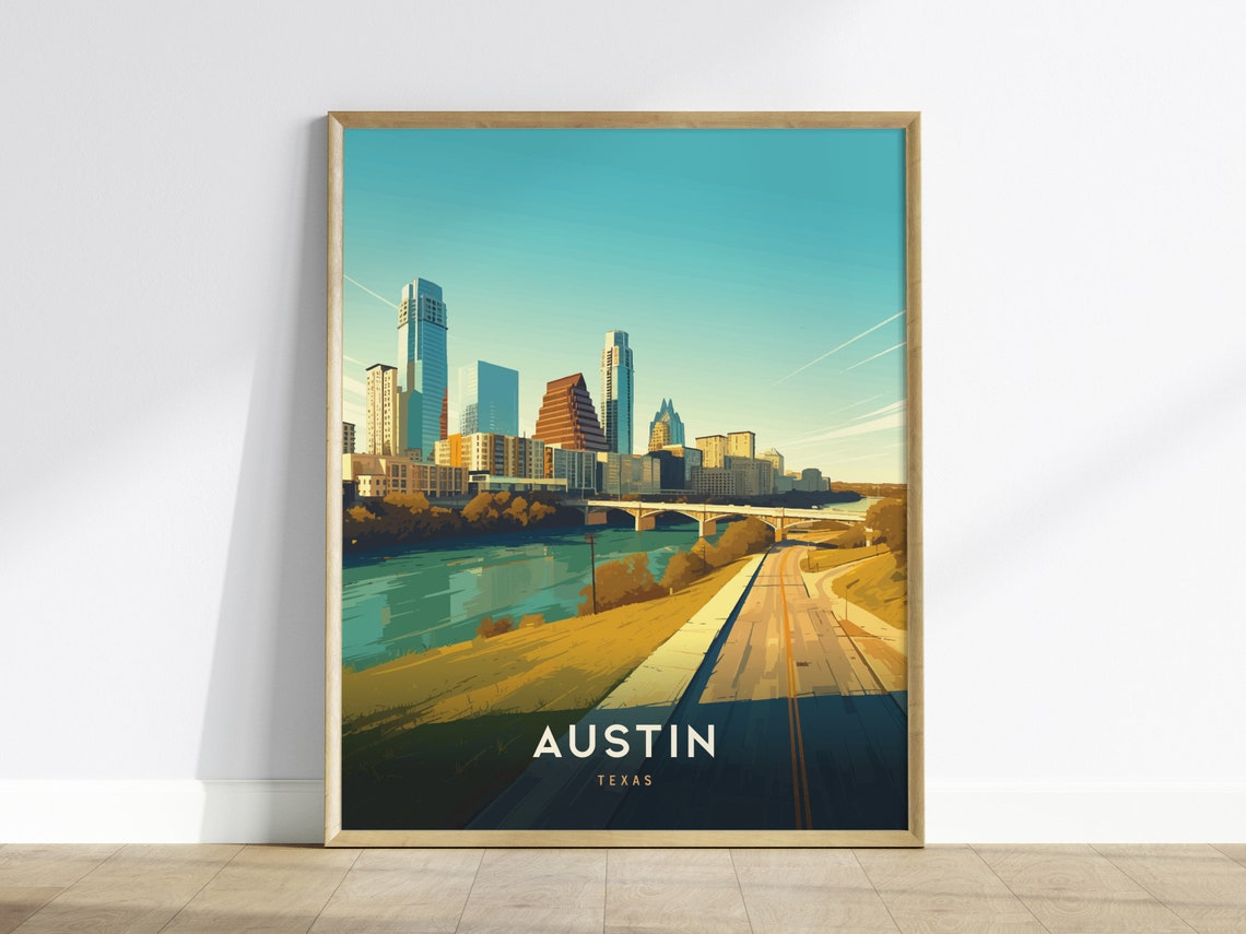 Austin Texas Downtown Skyline River Bridge Modern Travel Poster