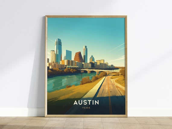 Austin Texas Downtown Skyline River Bridge Modern Travel Poster