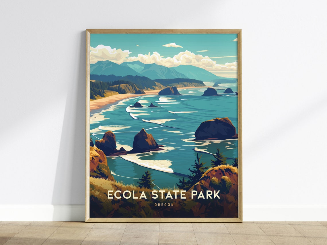 Ecola State Park Oregon Rocky Coast Vintage Travel Poster Illustration