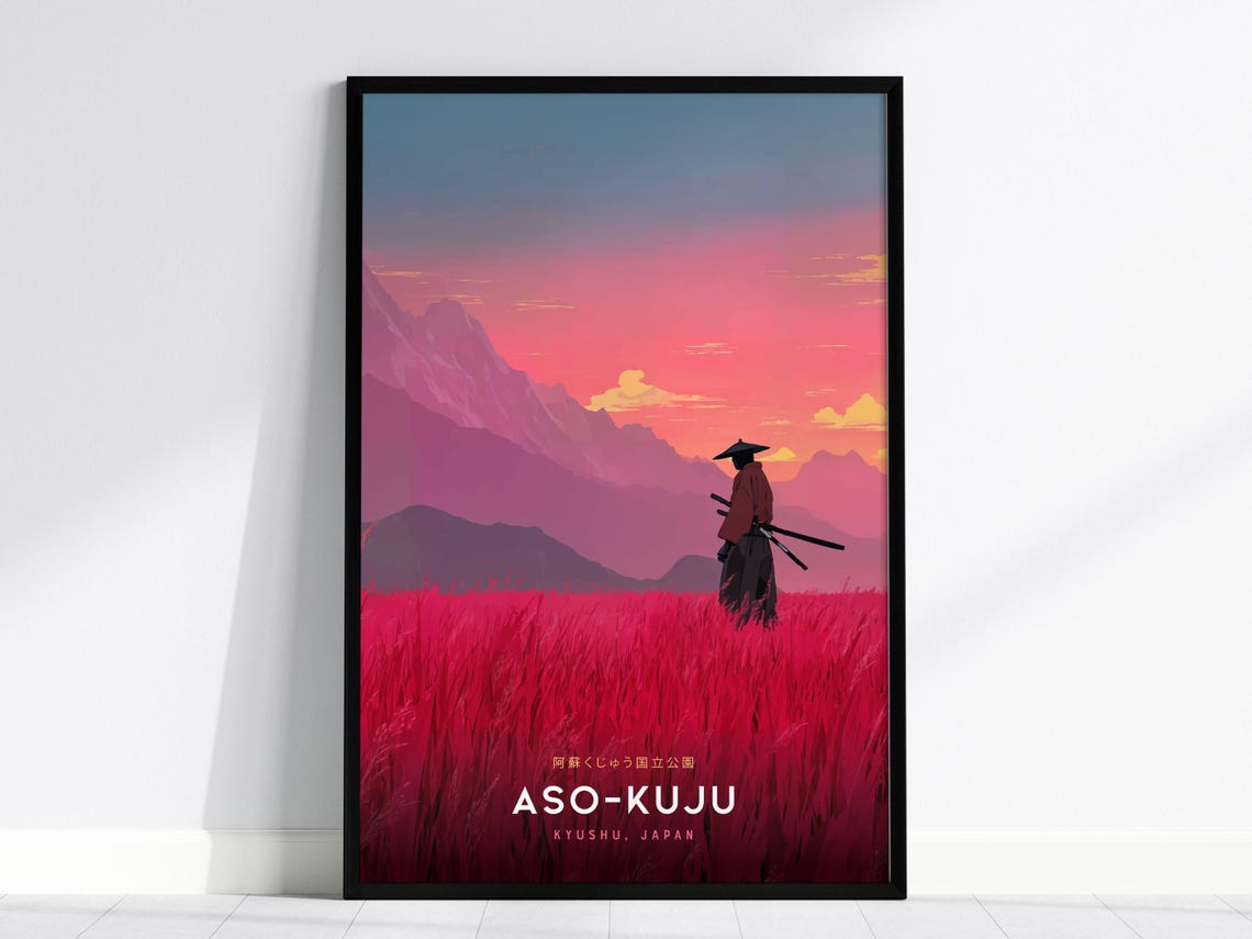 Aso-Kuju National Park Kyushu Japan Sunset Samurai Travel Poster