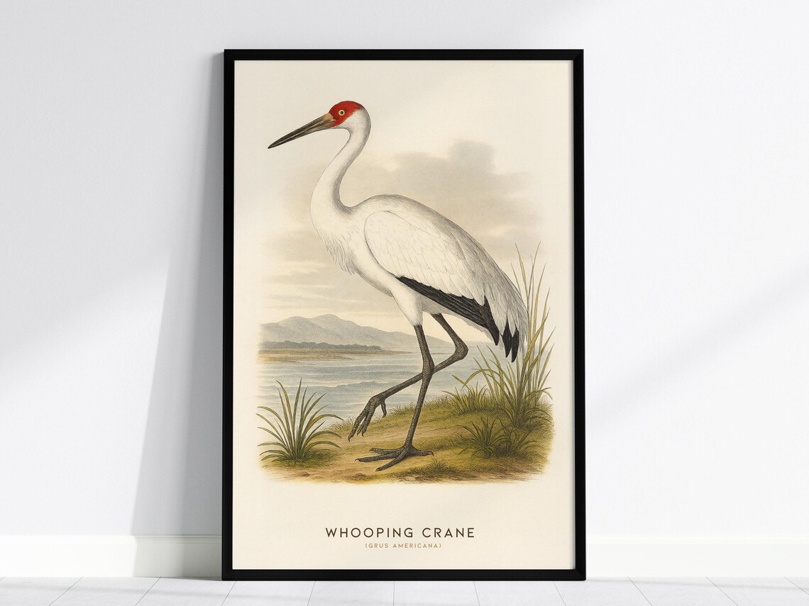 Whooping Crane Vintage Audubon Style Wetland Bird Naturalist Poster