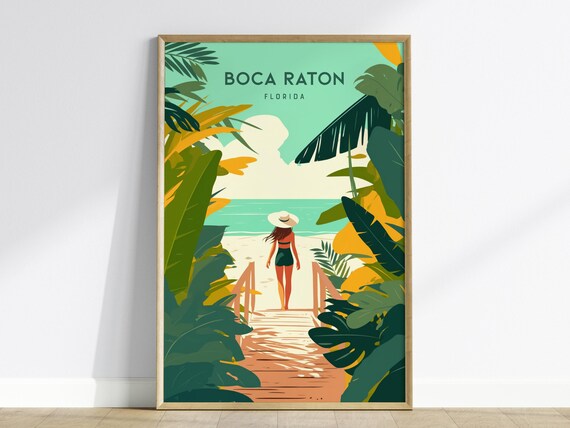 Boca Raton Florida Tropical Boardwalk Beach Woman Sunhat Art Poster