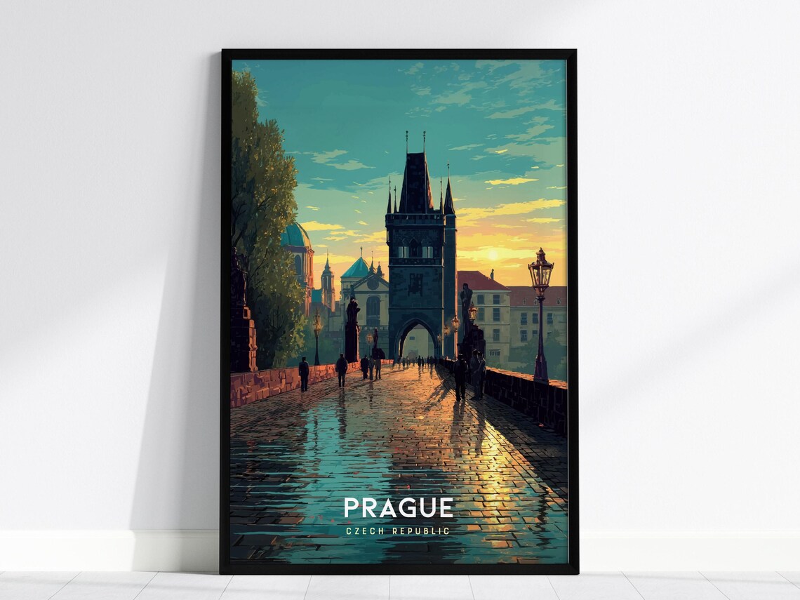 Prague Charles Bridge Sunset Old Town Tower Czech Travel Poster