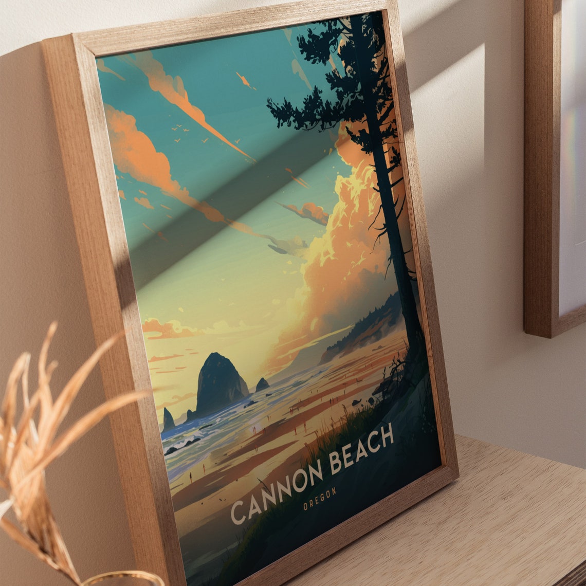 Cannon Beach Oregon Haystack Rock Sunset Vintage Travel Poster - Image 2