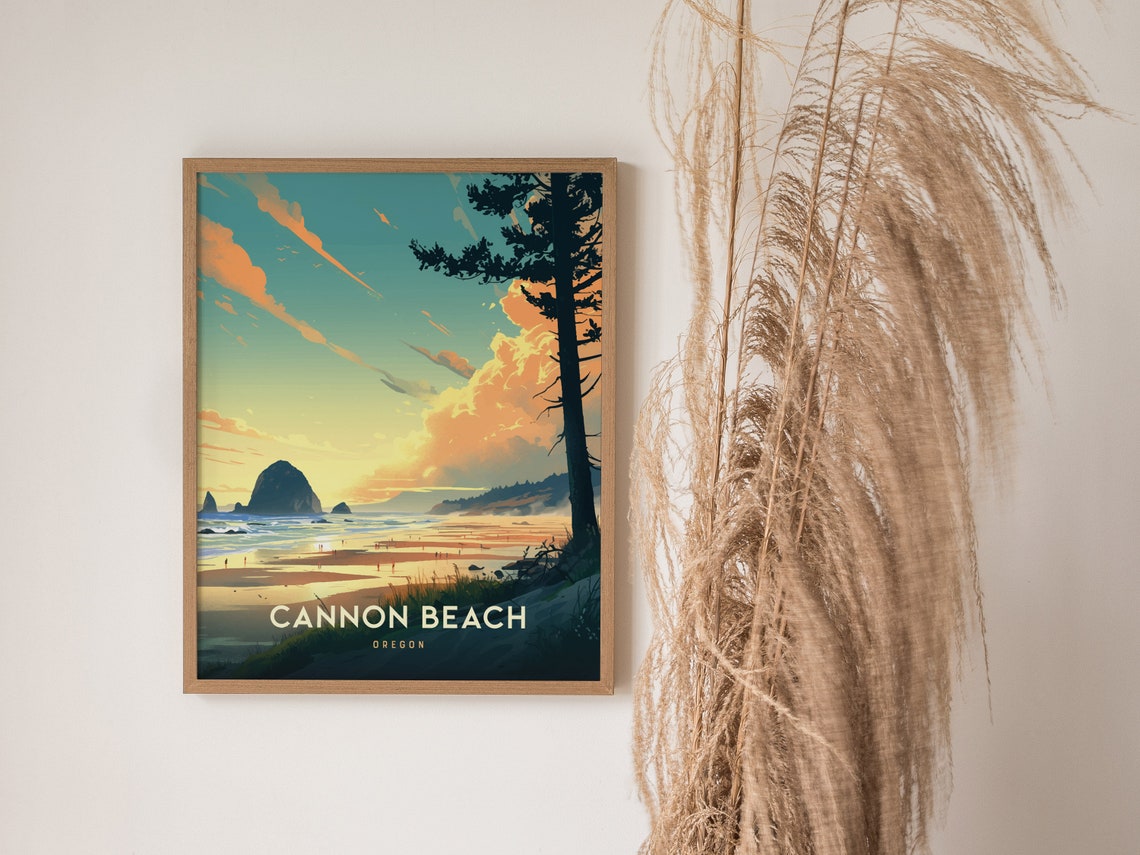 Cannon Beach Oregon Haystack Rock Sunset Vintage Travel Poster - Image 3
