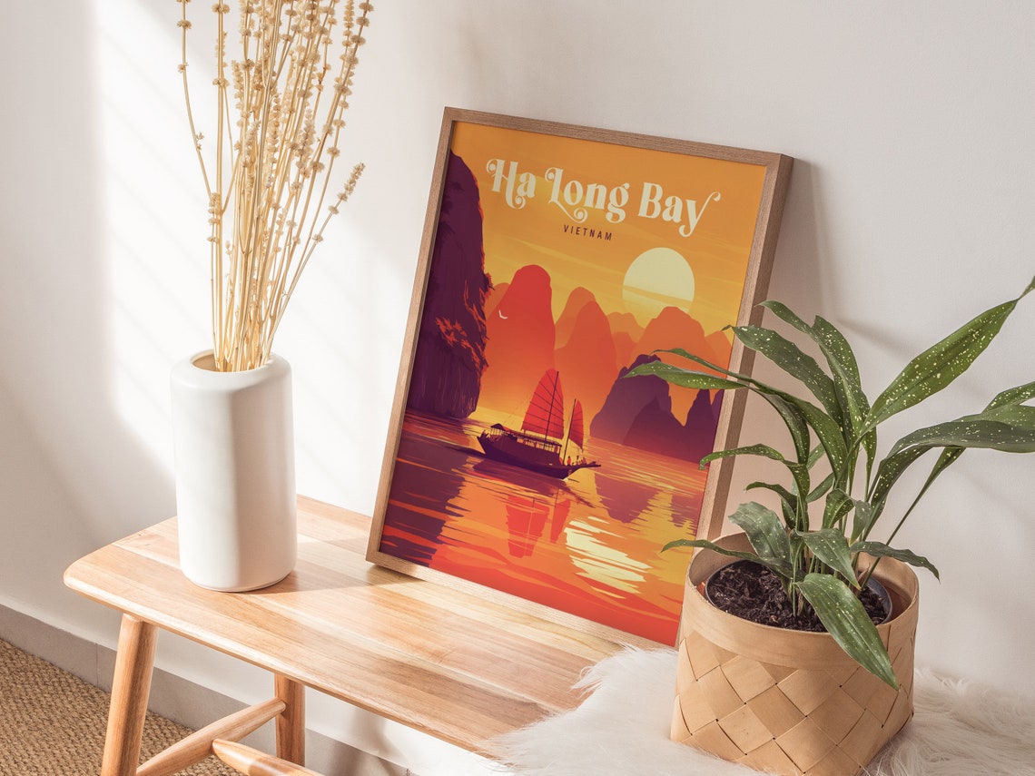 Ha Long Bay Vietnam Golden Sunset Junk Boat Vintage Travel Poster - Image 4