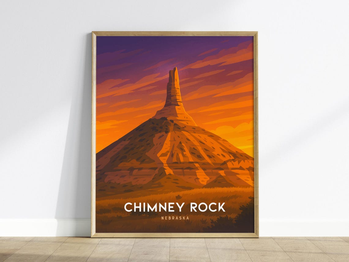 Chimney Rock Nebraska Orange Sunset Landmark Desert Art Poster