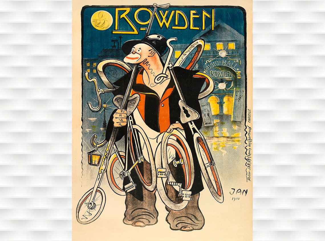Bowden 1910 Vintage Bicycle Poster Man Carrying Bikes Moonlight Art