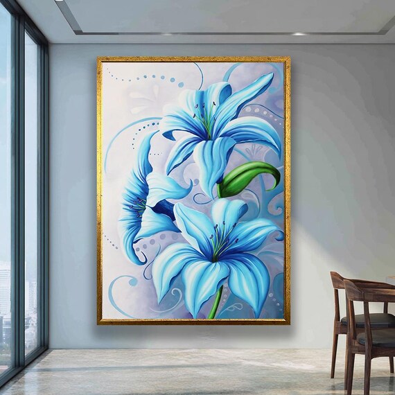 Blue Lily Flower Canvas Print Elegant Floral Wall Art Modern Botanical Painting Large Bloom Artwork For Bedroom Or Living Room Decor