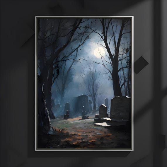 Haunted Graveyard Halloween Decor Dark Fantasy Poster Gothic Art Spooky Night Scene Vintage Horror