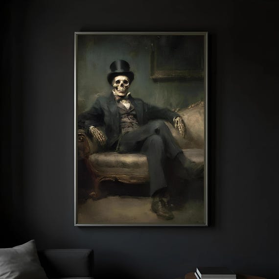 Vintage Skeleton Halloween Painting Dark Academia Gothic Wall Art