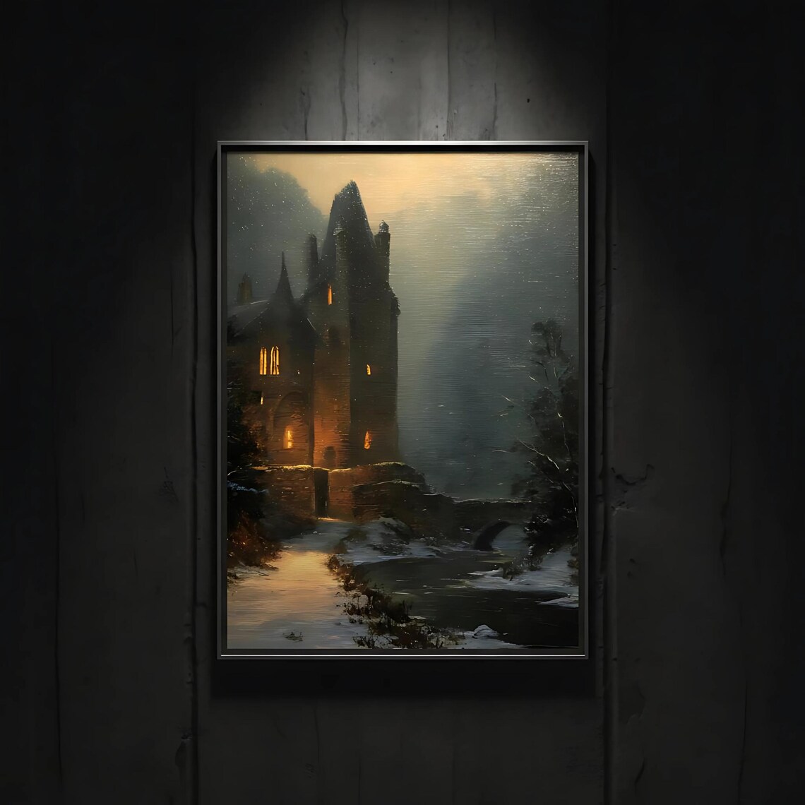 Gothic Stone Tower at Night Glowing Windows Mist Oil Art Poster