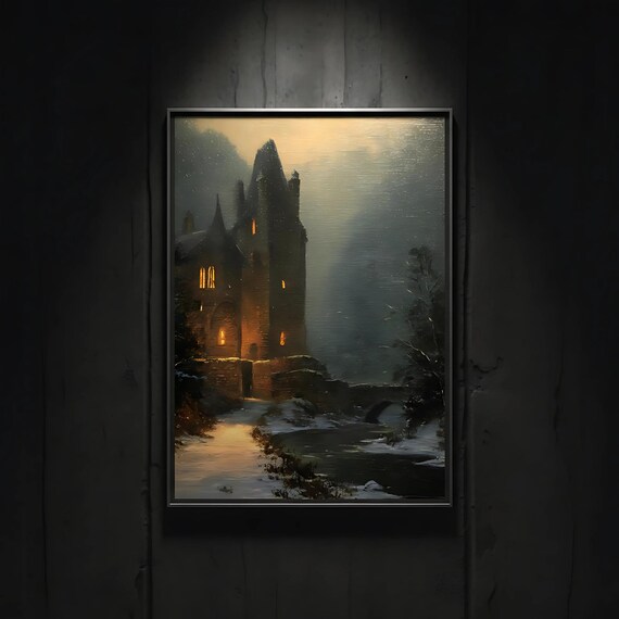 Gothic Stone Tower at Night Glowing Windows Mist Oil Art Poster