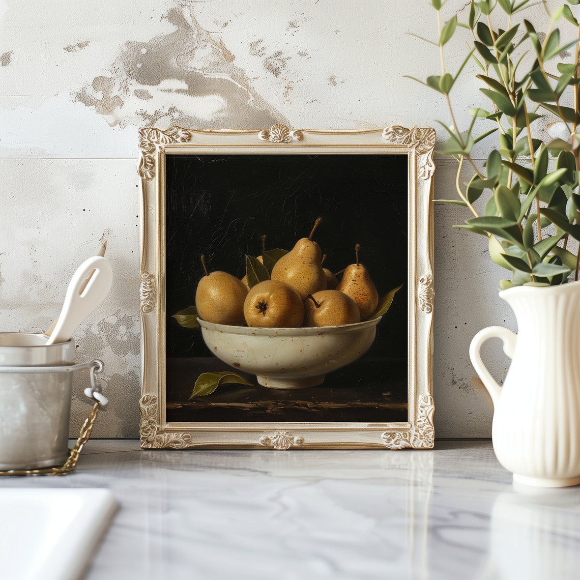 Pear In A Bowl Oil Painting, Kitchen Wall Art
