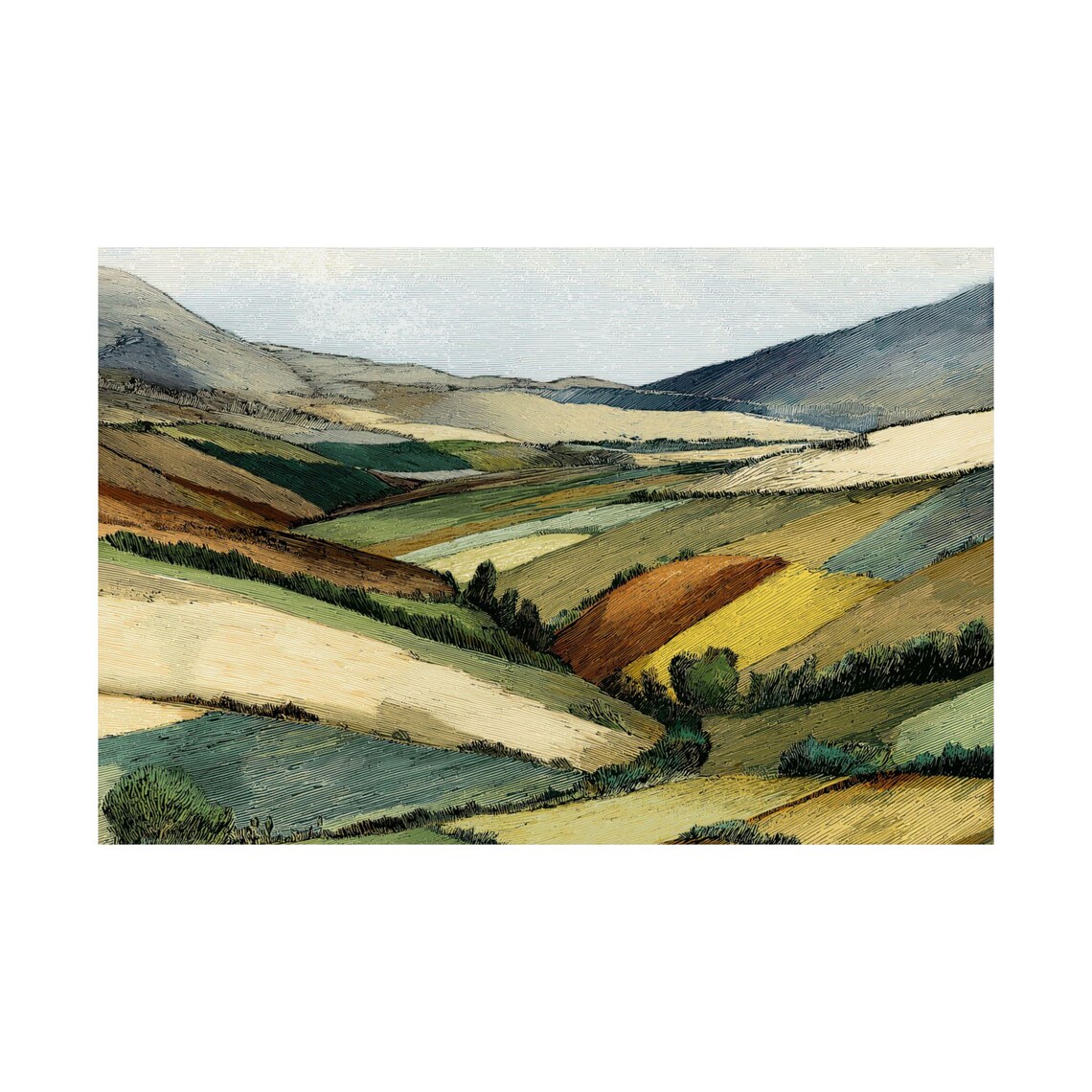 Rustic Rolling Hills Landscape, Vintage Farmhouse Art Print