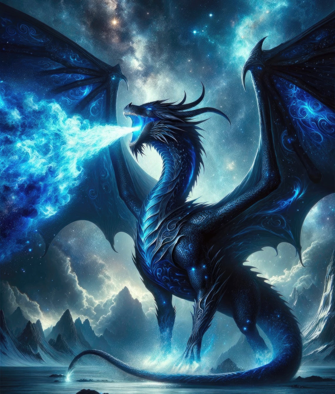 Blue Cosmic Dragon Fantasy Art Print