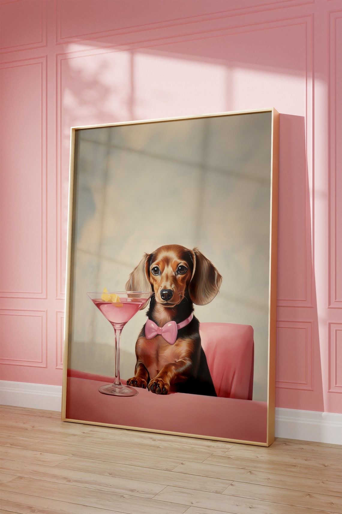 Dachshund In Pink Bow Tie Beside Martini Glass Portrait Poster
