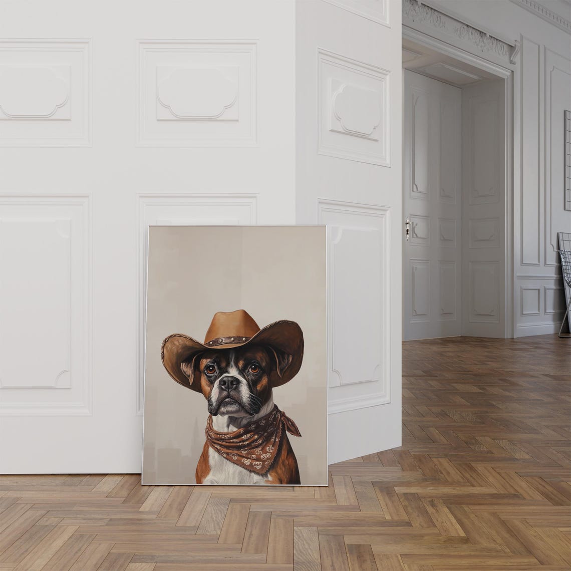 Boxer Dog in Cowboy Hat and Bandana Western Puppy Portrait Poster