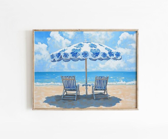 Chinoiserie Blue Floral Beach Umbrella Coastal Summer Poster