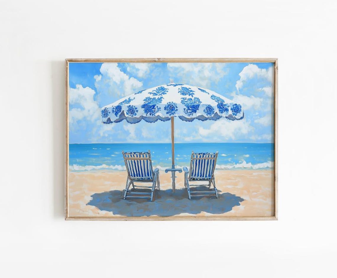 Chinoiserie Blue Floral Beach Umbrella Coastal Summer Poster