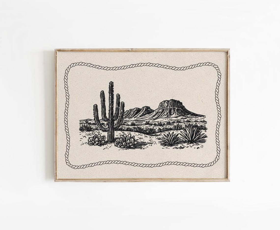 Saguaro Cactus Desert Landscape Rope Border Western Decor Poster