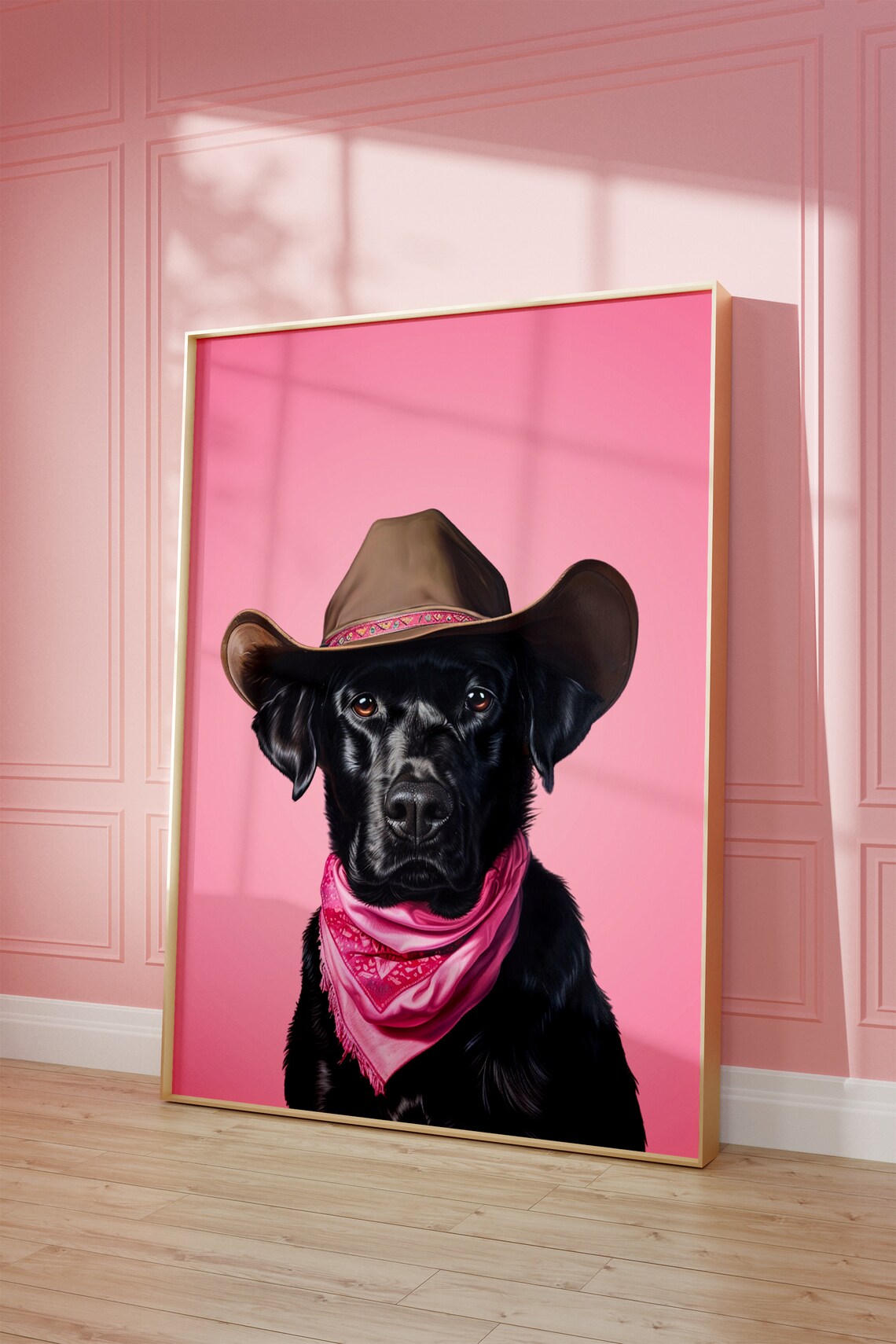 Black Labrador Cowgirl Hat Print, Vintage Western Art