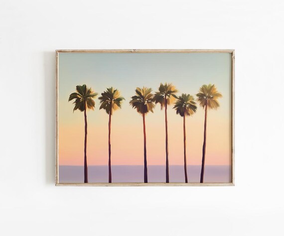 Six Palm Trees Pastel Sunset Beach Coastal Minimalist Art Poster