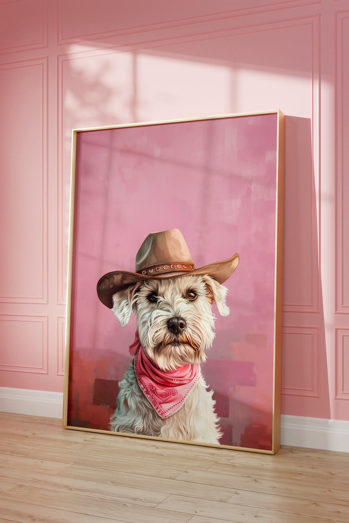 Dog Cowgirl Hat Print Pink Print Vintage Art Western Girly Preppy Trendy Wall Art Puppy Print Cowgirl Hat Print Funky Western Art - Image 2