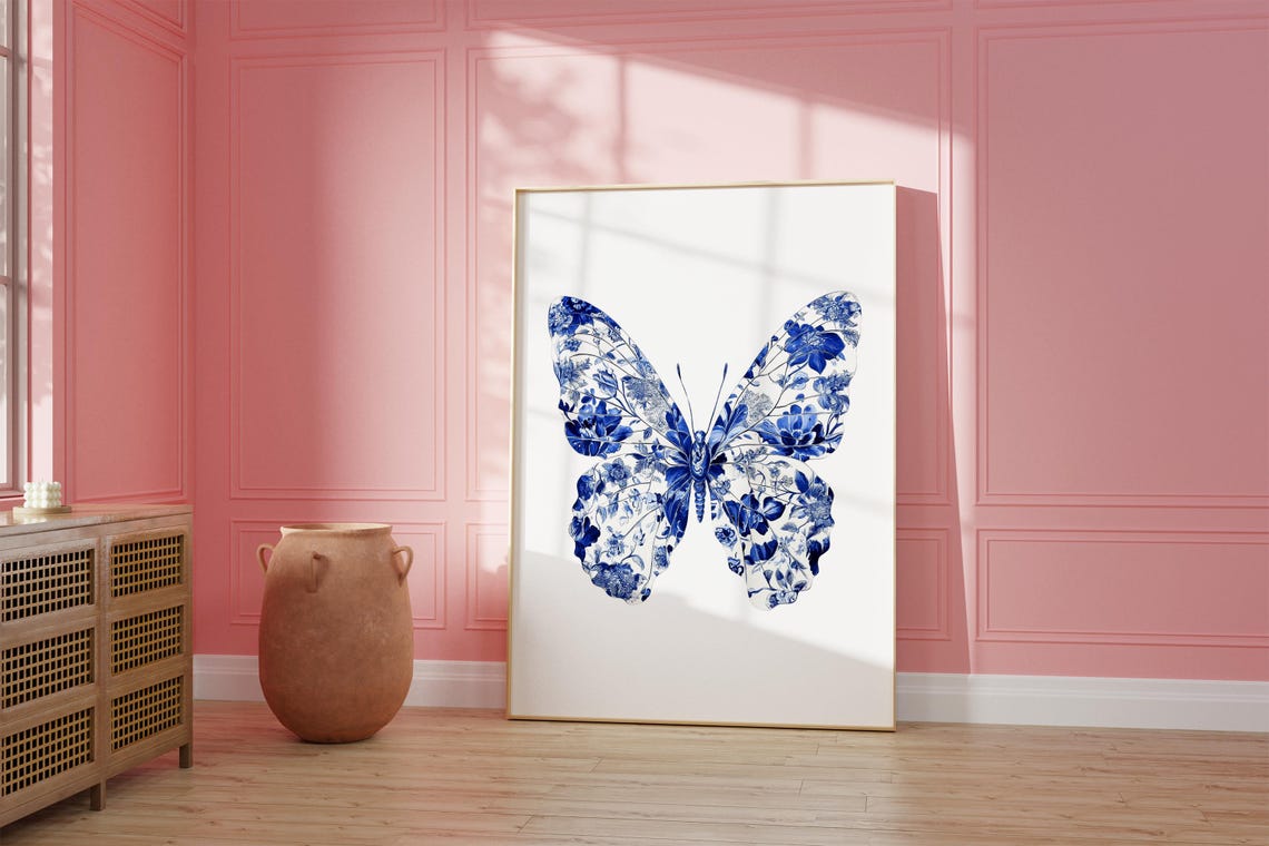 Elegant Chinoiserie Blue White Floral Pattern Butterfly Art Print - Image 2