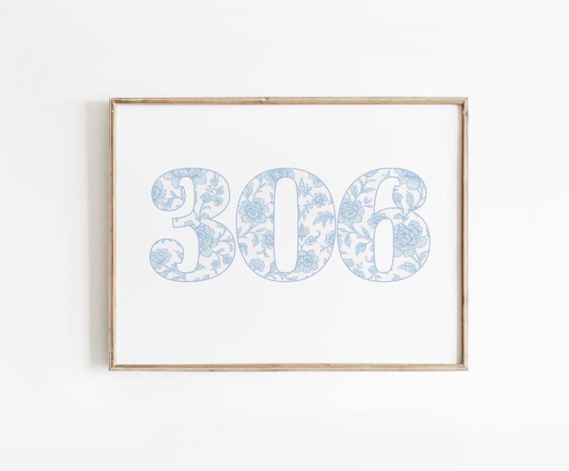 Light Blue Floral 306 Chinoiserie Dorm Number Decor Wall Art