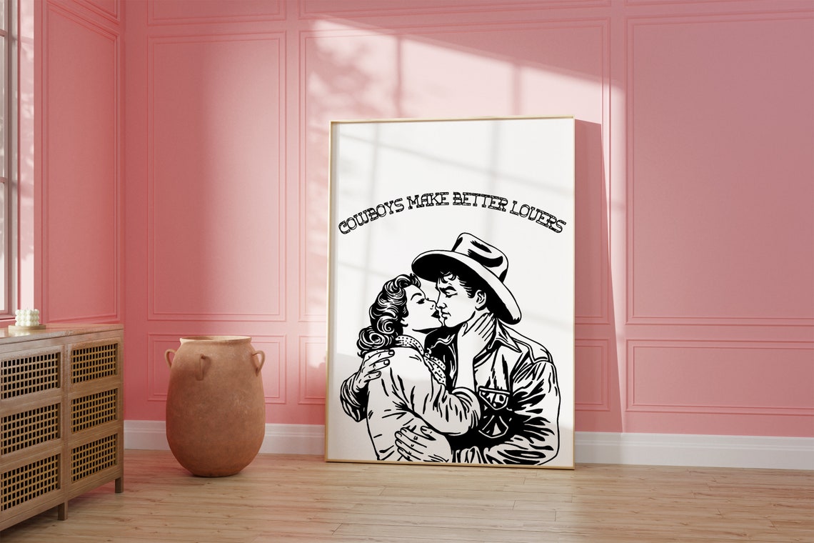 Cowboys Make Better Lovers Retro Kissing Western Couple Wall Art - Image 2