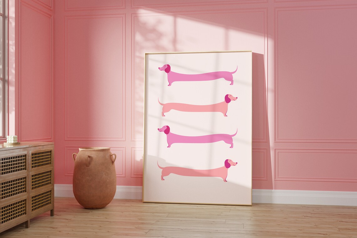 Pink Dachshund Kids Room Poster, Preppy Dog Art Print - Image 2