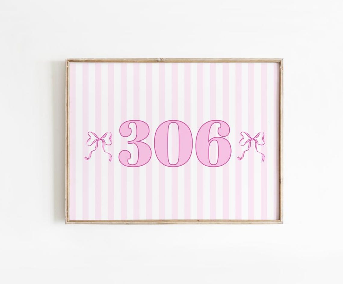 Room 306 Pink Stripe Bow Retro Number Sign Dorm Decor Poster
