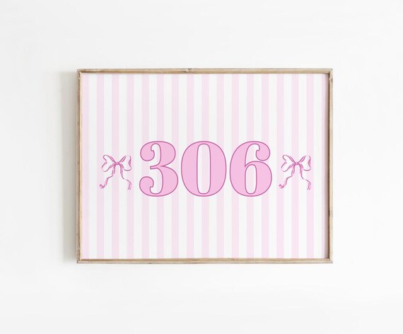 Room 306 Pink Stripe Bow Retro Number Sign Dorm Decor Poster